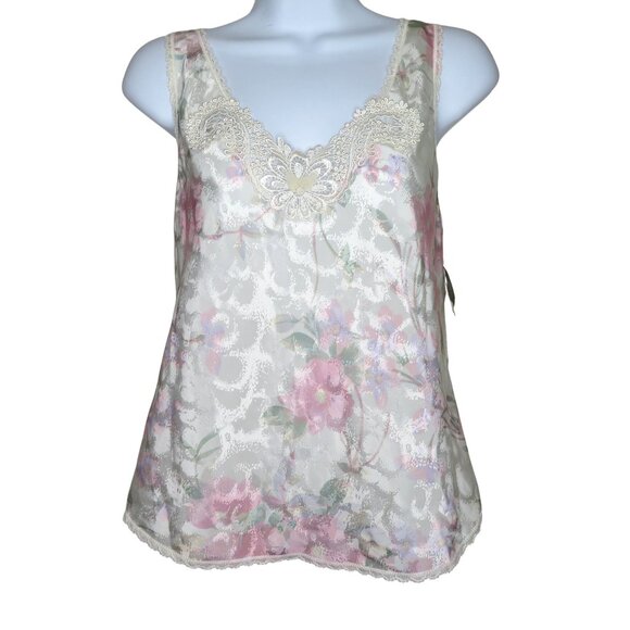 New Vintage 70s Lucie Ann II Floral Print Tank Top Camisole S Lace Trim USA Made - Picture 2 of 14